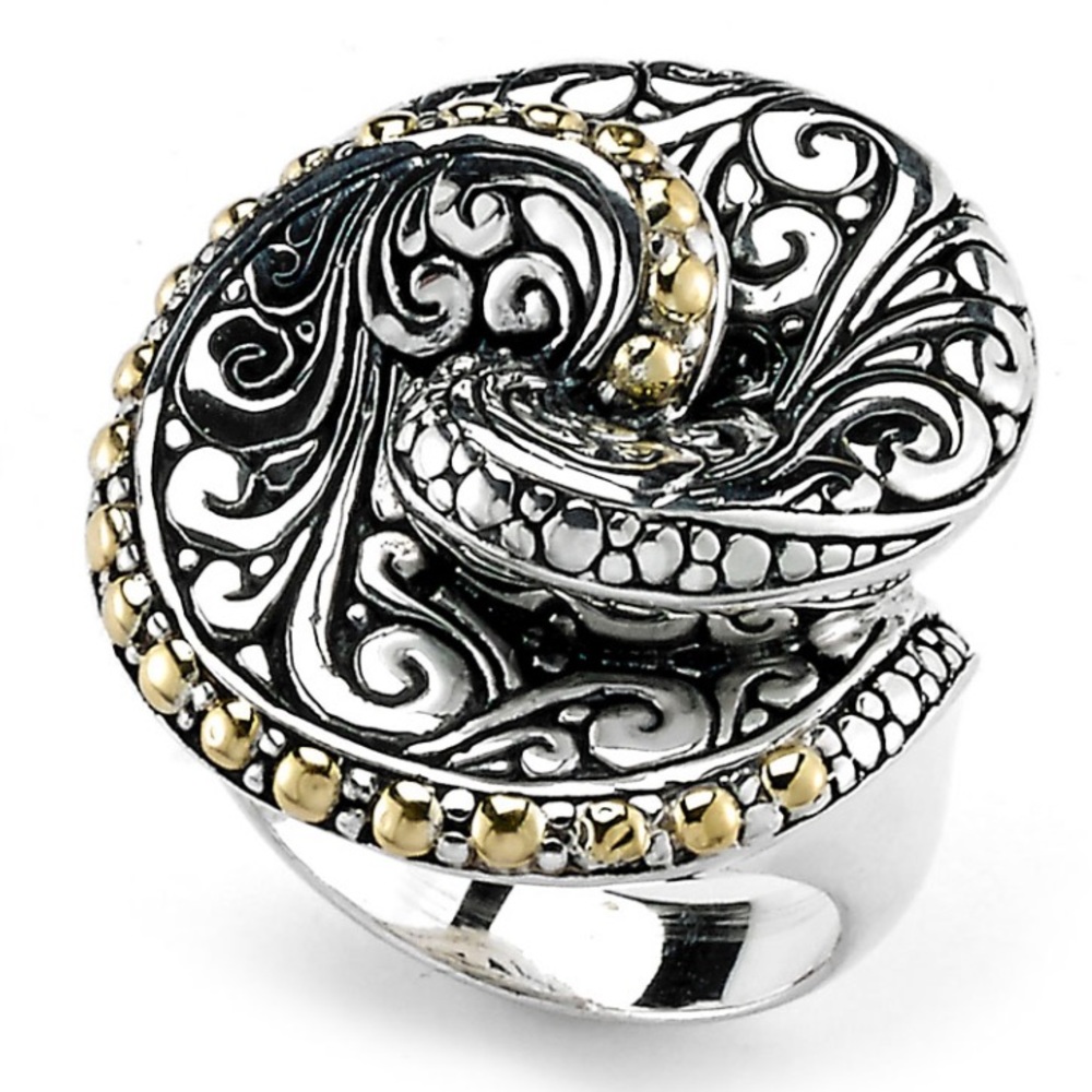 18k Yellow Gold BALINESE SWIRL RING artisan Yellow Gold Silver 925 Scroll ring - Picture 7 of 16